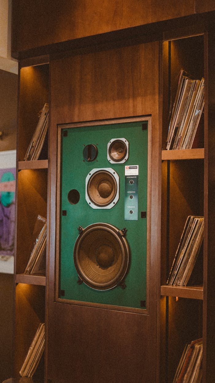 contact-img Retro wooden speaker cabinet with green panel surrounded by vinyl records on shelves.